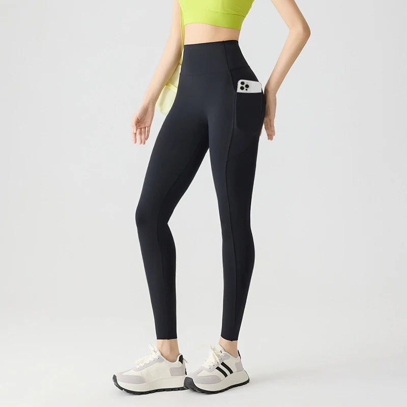 BIVIGAOS Spring Summer Pocket Sharkskin Leggings Women High Waist Tight Butt Lifter Light Feeling Sport Fitness Running Leggings