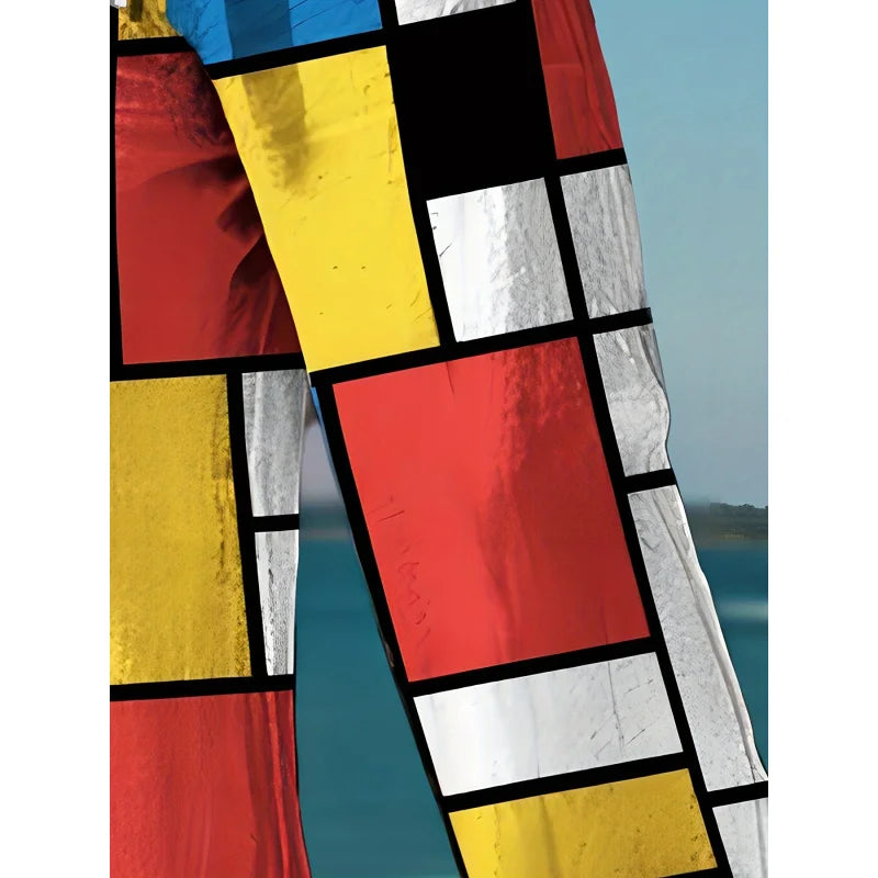 Mens Drawstring Trousers Relaxed Comfortable Geometric Patterned Loose Fit Pants With Elastic Waist Casual Summer Daily Wear