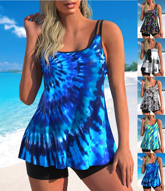 Summer Women's Blue Halo Printed Vest and Shorts Two-piece Swimsuit Lace Up Beach Set S-6XL