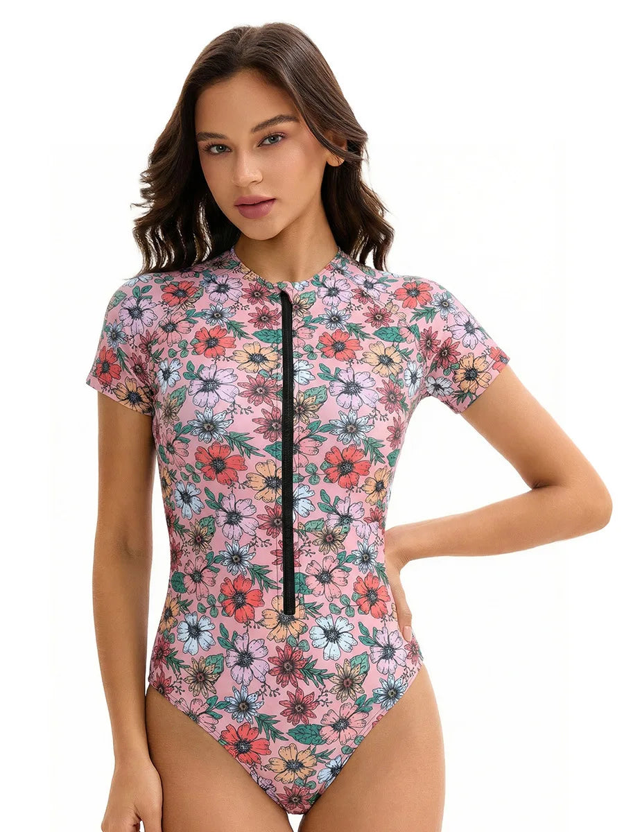 Short Sleeve Rash Guard One Piece Swimsuits for Women, Conservative Printed Short Sleeve Bathing Suits, Triangle Swim