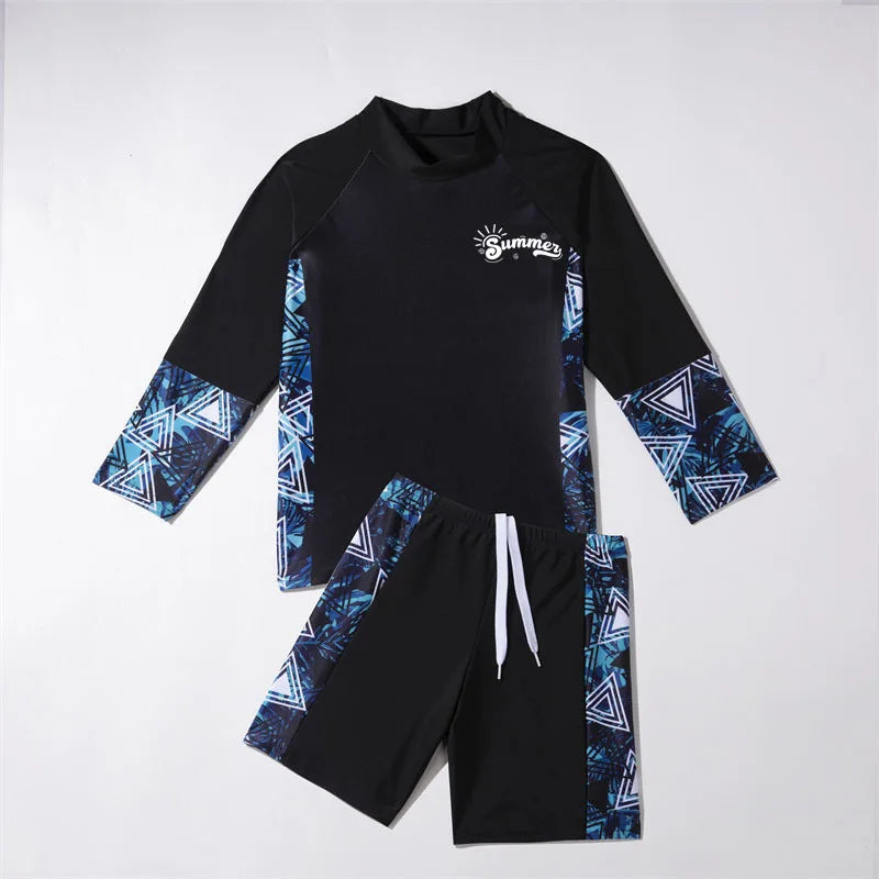 Student Children's Two Pieces Swimsuit Teenage Boys Girls Long Sleeve Top and Shorts Swim Suit Quick Drying Swimwear Surf Suit