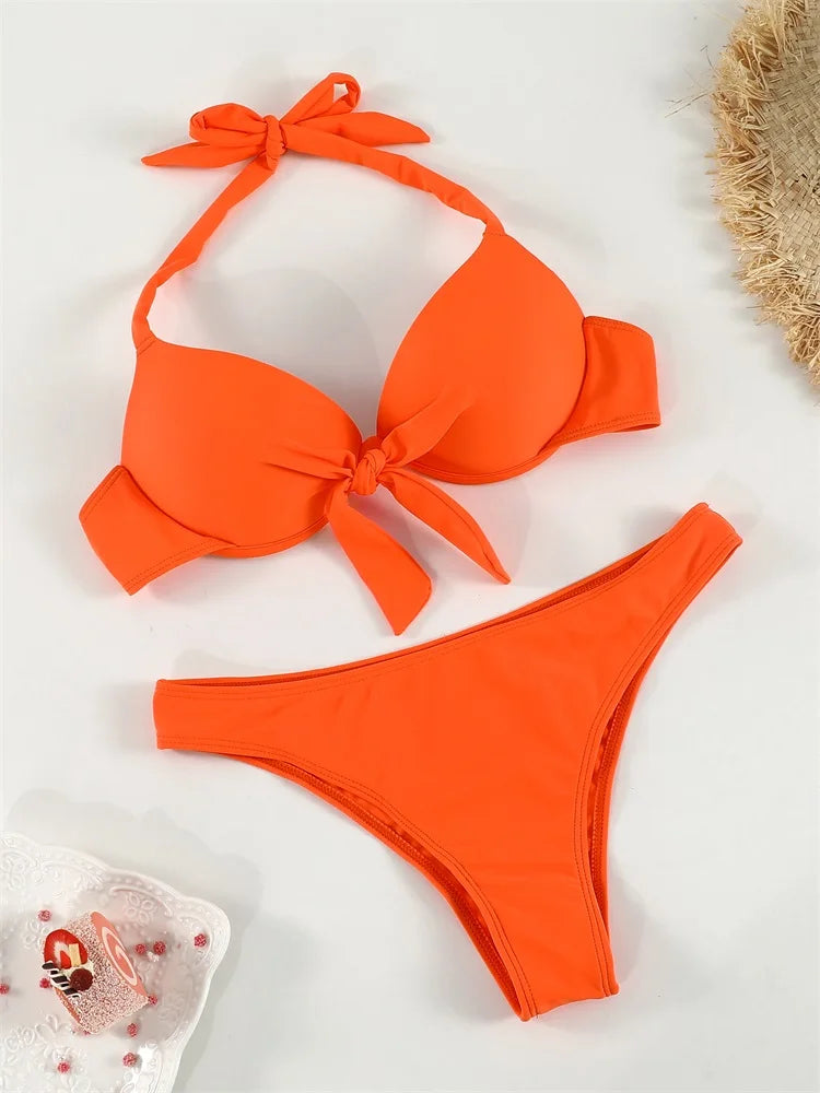 Halter Bikini Swimsuit Push Up Swimwear Bandage Women Plant Print Bath Suit Beach Cover Up Summer