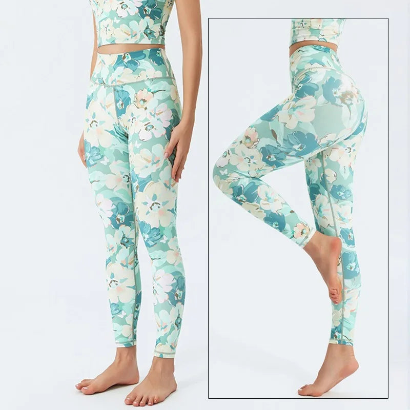 Yoga Pants Women High Waist Trainer Sports Leggings Long Tights Floral Push Up Running Trouser Workout Tummy Control