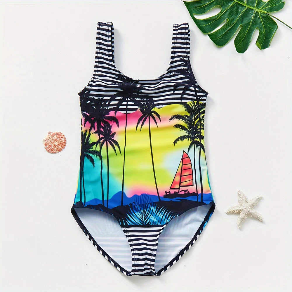 A girl's swimsuit with a fruit pattern, suitable for children aged 2-11. Chest Pad