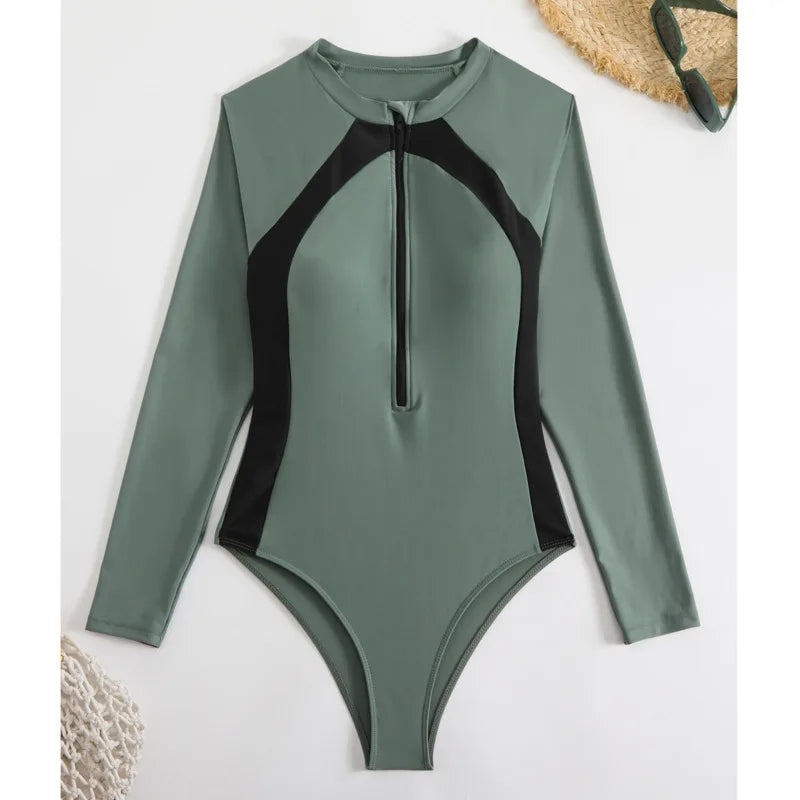 Zipper One Piece Swimsuit Closed Print Long Sleeve Swimwear Sports Surfing Women's Swimming Bathing Suit Beach Bather