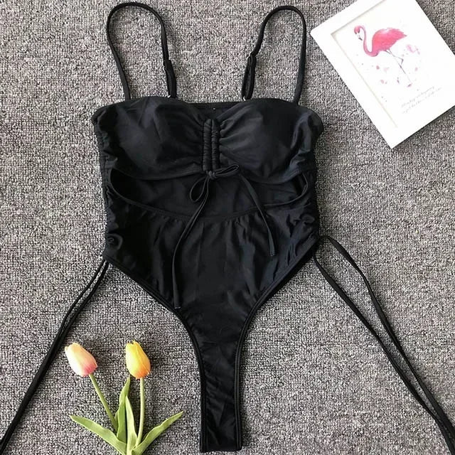 Splicing High Cut Out One Piece Swimsuit Women Tassel Swimwear Female Bathing Suit String Leopard Bikini Monokini Lady