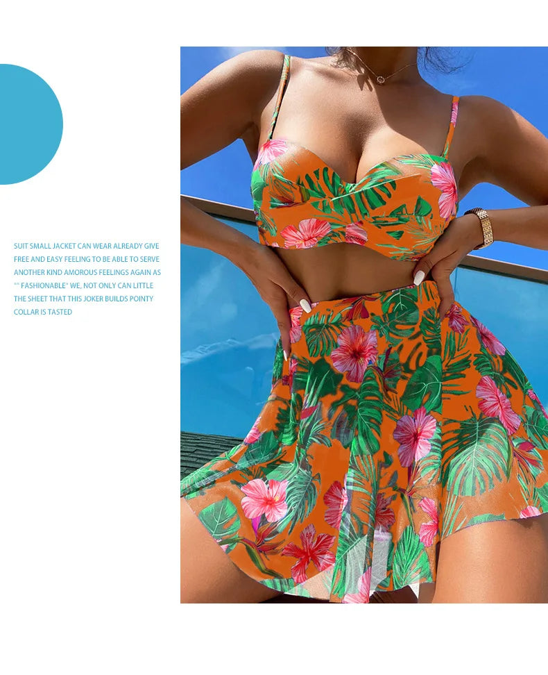 Cikini-Women's Tropical Print Push Up Bikinis Set, Swimsuit with Beach Skirt, Swimwear, Summer Bathing Suit