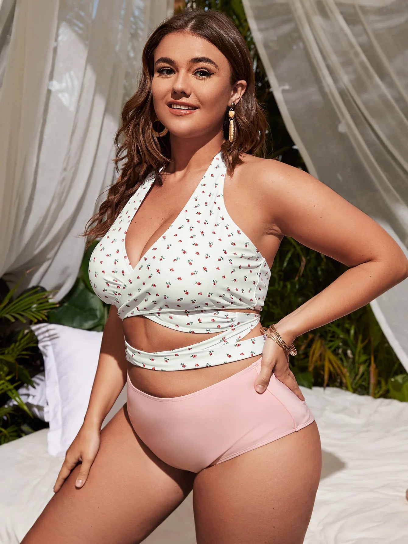 Womens Swimwear Two Piece Plus Size Bikini Set Printed Front Cross Bandage Swimsuit Tummy Control Bathing Suits