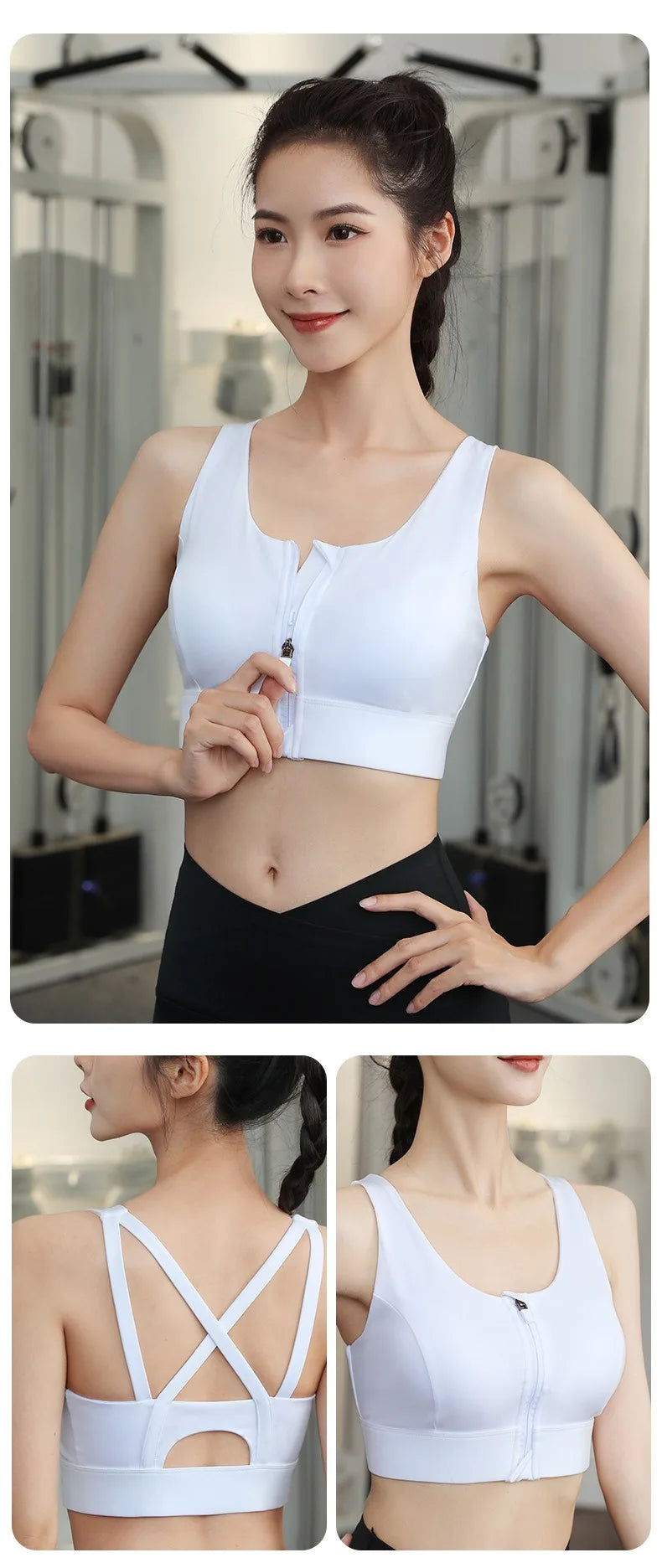 Aiithuug Front Zipper Crisscross Yoga Bra With Built In Cup Women's Strappy Wirefree Sport Gym Pilates Bra High Impact Underwear