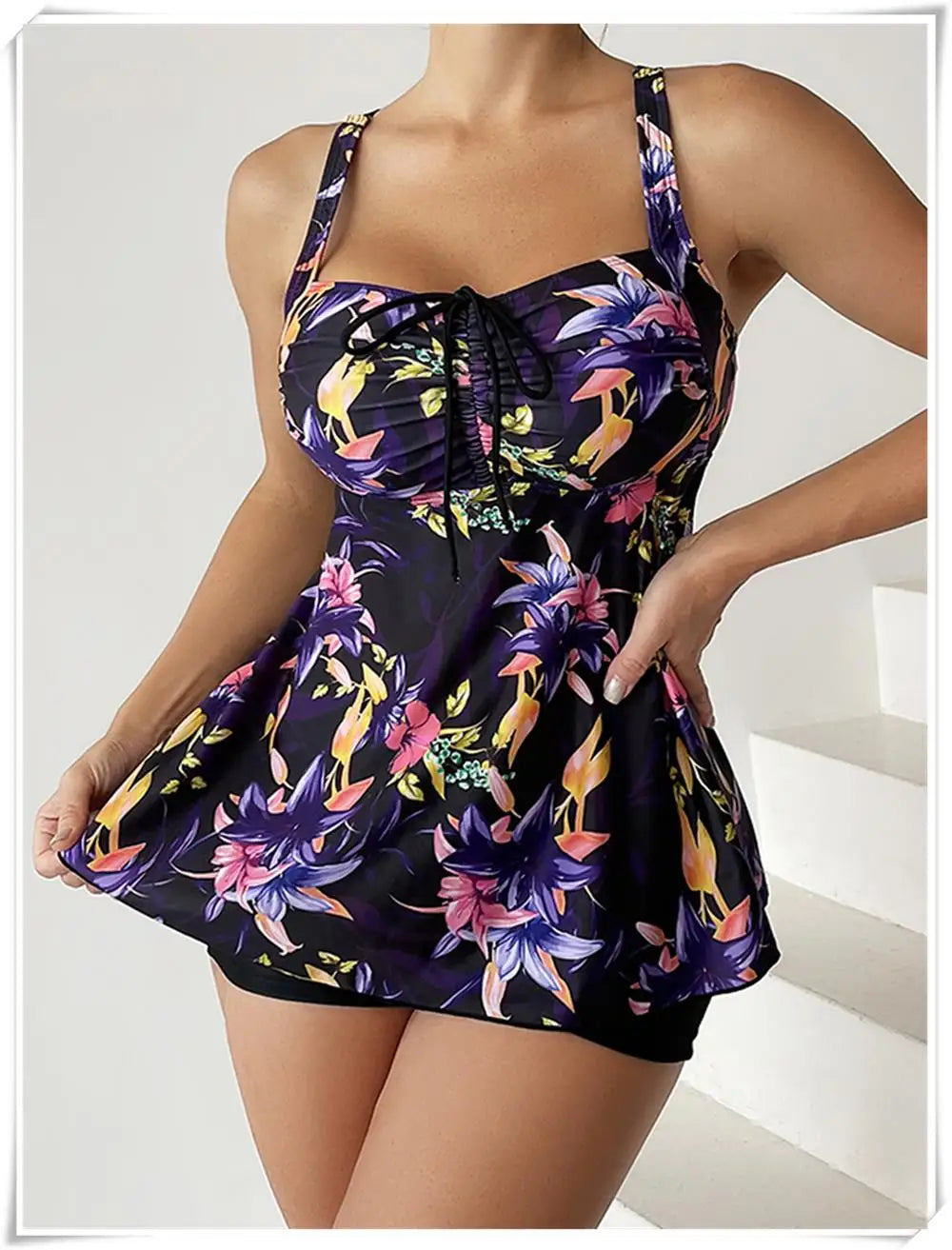 Drawstring Tankini Set Two Piece Swimsuit Short Women Floral Printed Swimwear Female Bathing Suit Beachwear Swimming