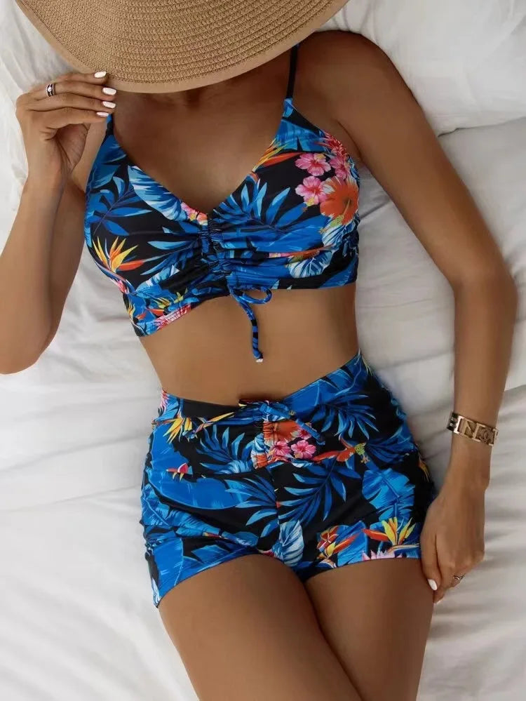 High Waist Bikini Swimsuit Women Floral Print Swim Suits Drawstring Front Shorts Boxers Swimwear Trunks Pool Bathing Suit