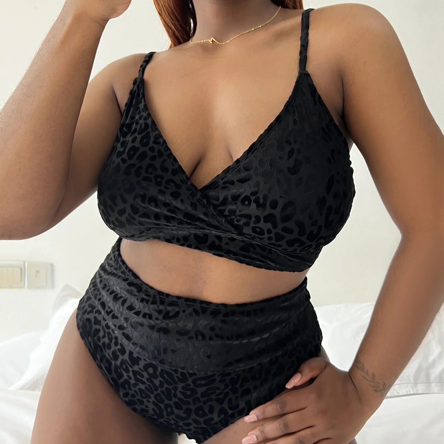 Women's Plus Size Bikini Set Leopard Printed Back Lace Up Strap High Waist Swimsuit Summer