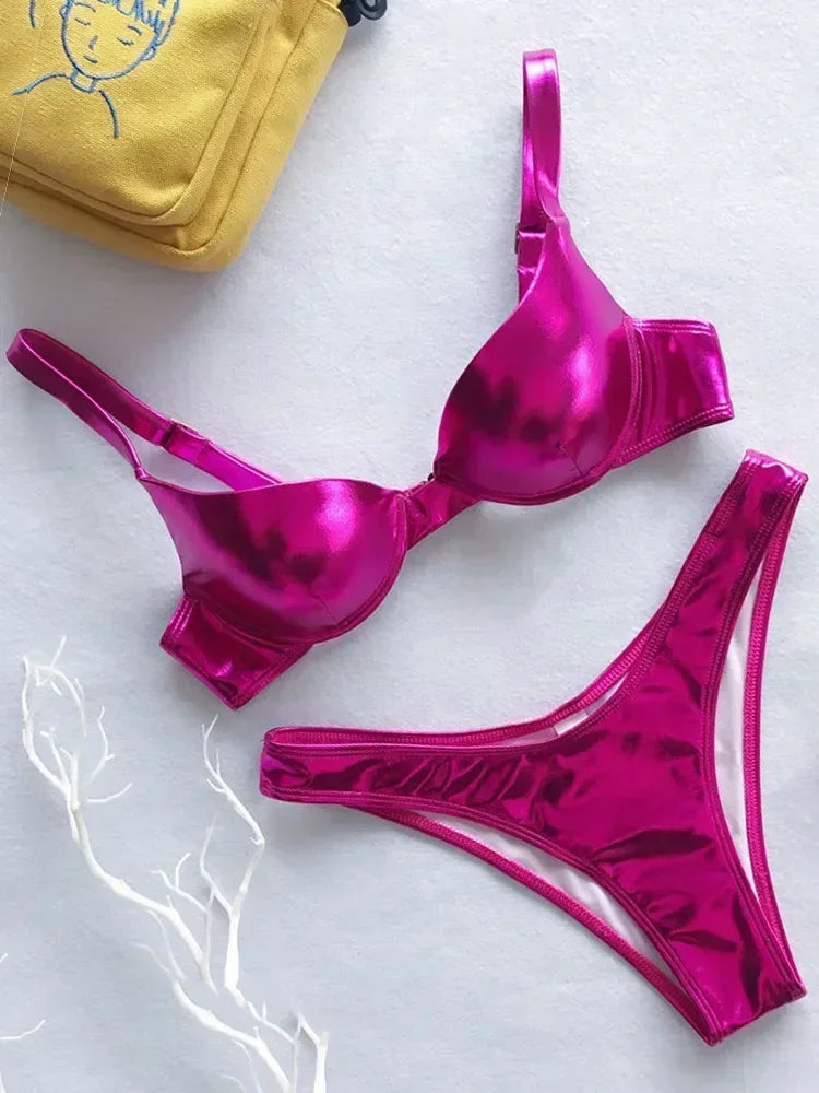 Shiny PU Faux Leather Bikini Push Up Swimsuit Women Swimwear Female Two-pieces Bikini set Bra Cup Bather Bathing Suit Swim