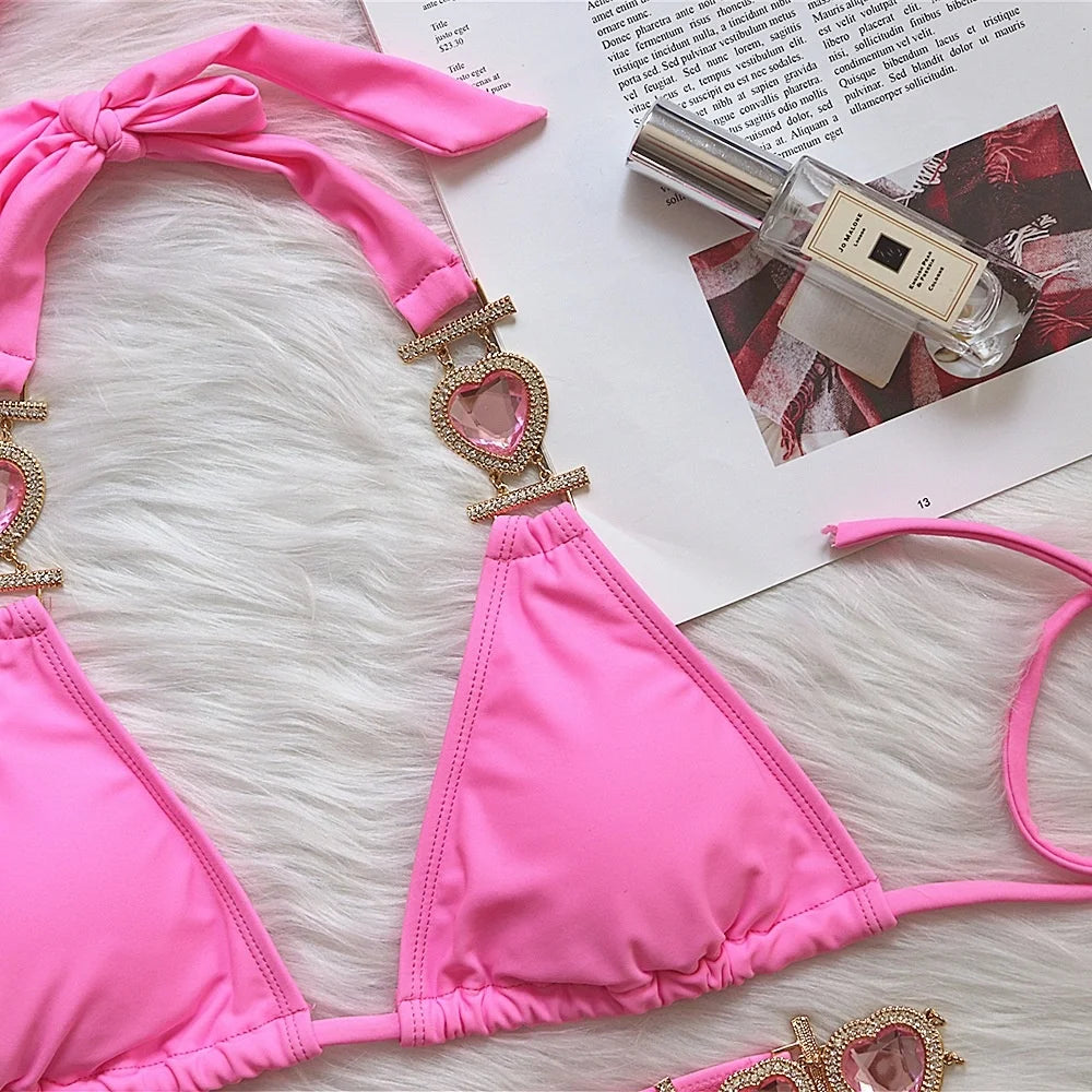 Pink Bikinis Swimsuit With Heart Rhinestones Women Swimwear Female Push Up Bikini Beach Swim Wear Bathing Suits Pool Bather