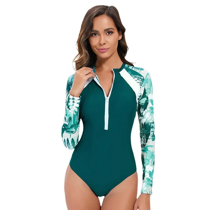 Women's Long Sleeve Rash Guard Bathing Suit Zip up One Piece Swimsuits Modest Surfing Swimwear Sport Beach Wear