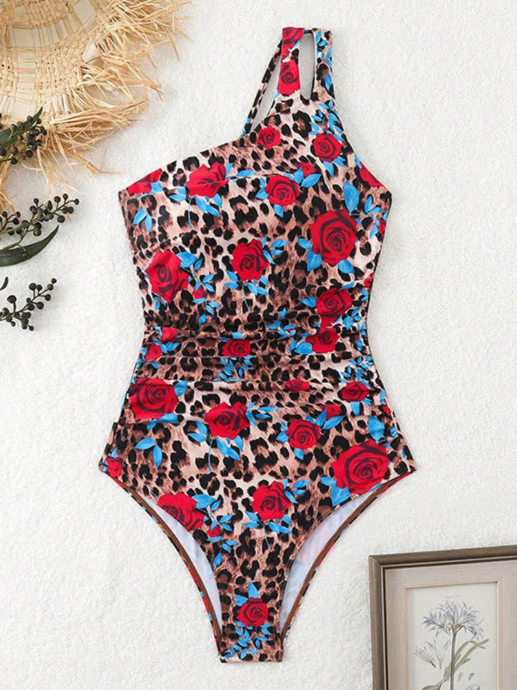 Hollow One-shoulder Swimwear Women Print Push UP One Piece Swimsuit Monokini Summer Beach Lady Bathing Suit