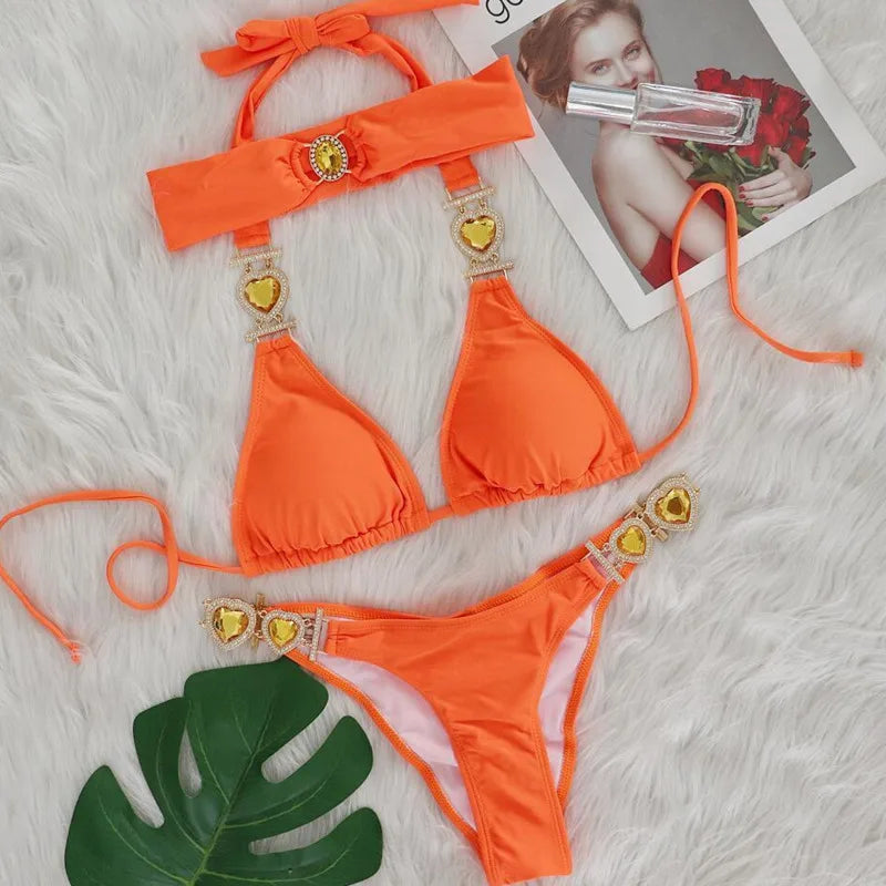 Pink Bikinis Swimsuit With Heart Rhinestones Women Swimwear Female Push Up Bikini Beach Swim Wear Bathing Suits Pool Bather