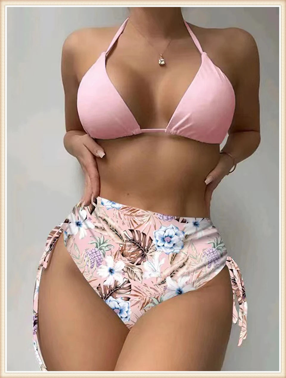Lace Up Bikinis & Cover Up Long Sleeve Swimwear Women 3-Piece Print Swimsuit Summer Beach Bathing Suit Female Swimming Wear