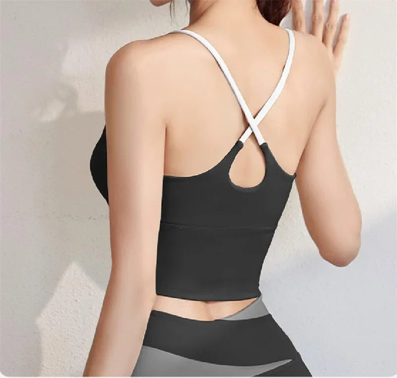 PofyBofy Build-in Bra Yoga Crop Top Sleeve Gym Tank Top Women Workout Bra Tanks Fitness Bra Tanks Yoga Crop Tops Crisscross Back