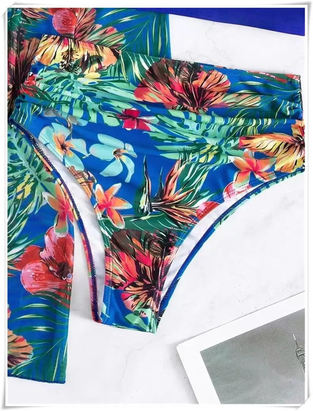 3 Piece Bikini Set Women Cover Up Swimwear Female Tropical Printed Swimsuit Push Up Beachwear Long Sleeve Bathing Suit