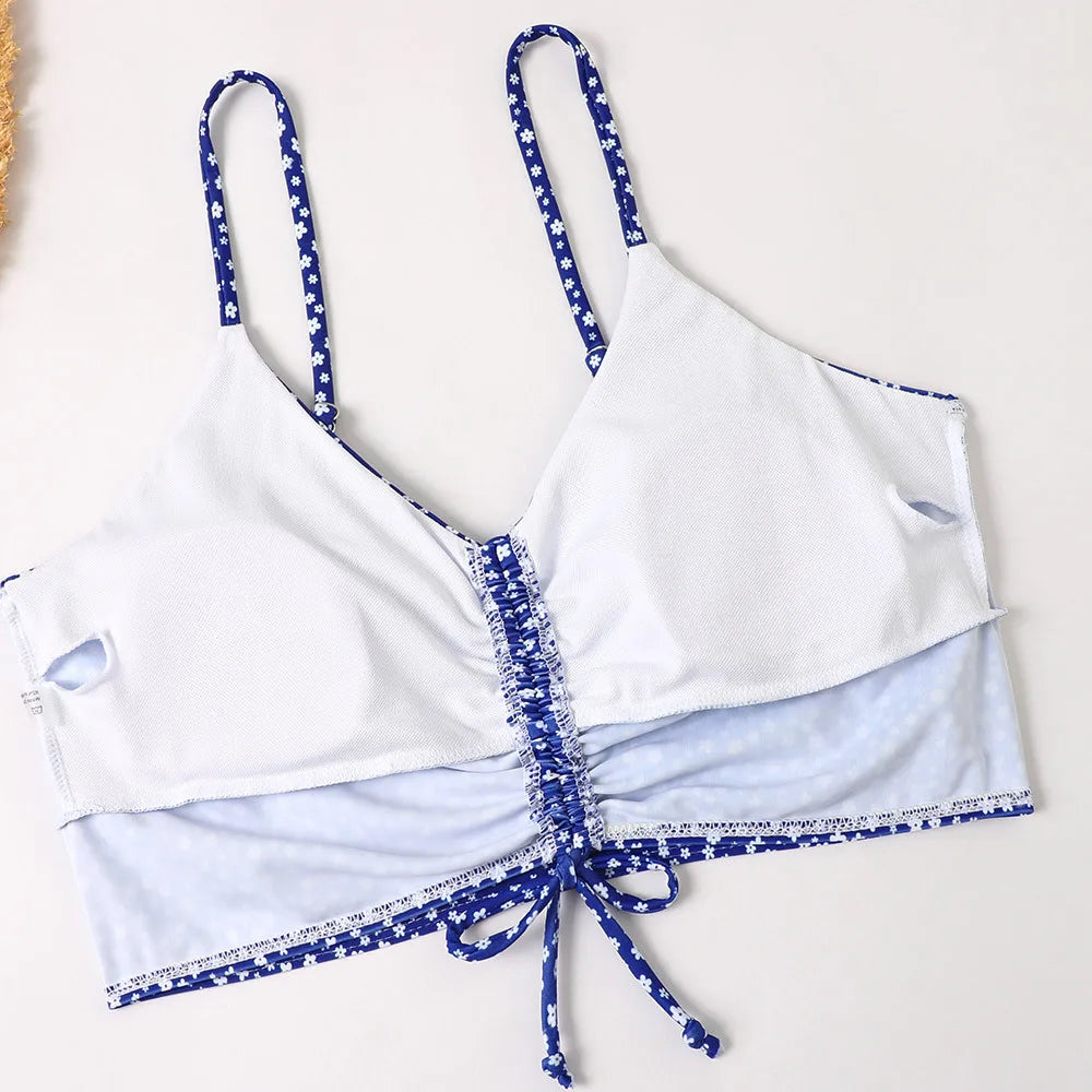 High Waist Bikini Swimsuit Women Floral Print Swim Suits Drawstring Front Shorts Boxers Swimwear Trunks Pool Bathing Suit