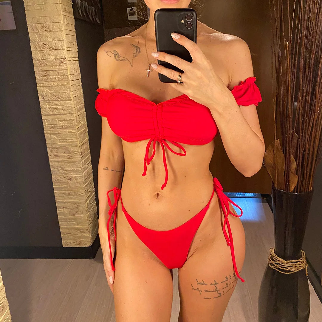 Off Shoulder High Cut Scrunch Butt Bikini Women Swimwear Female Swimsuit Two-pieces Bikini set Bather Bathing Suit Swim