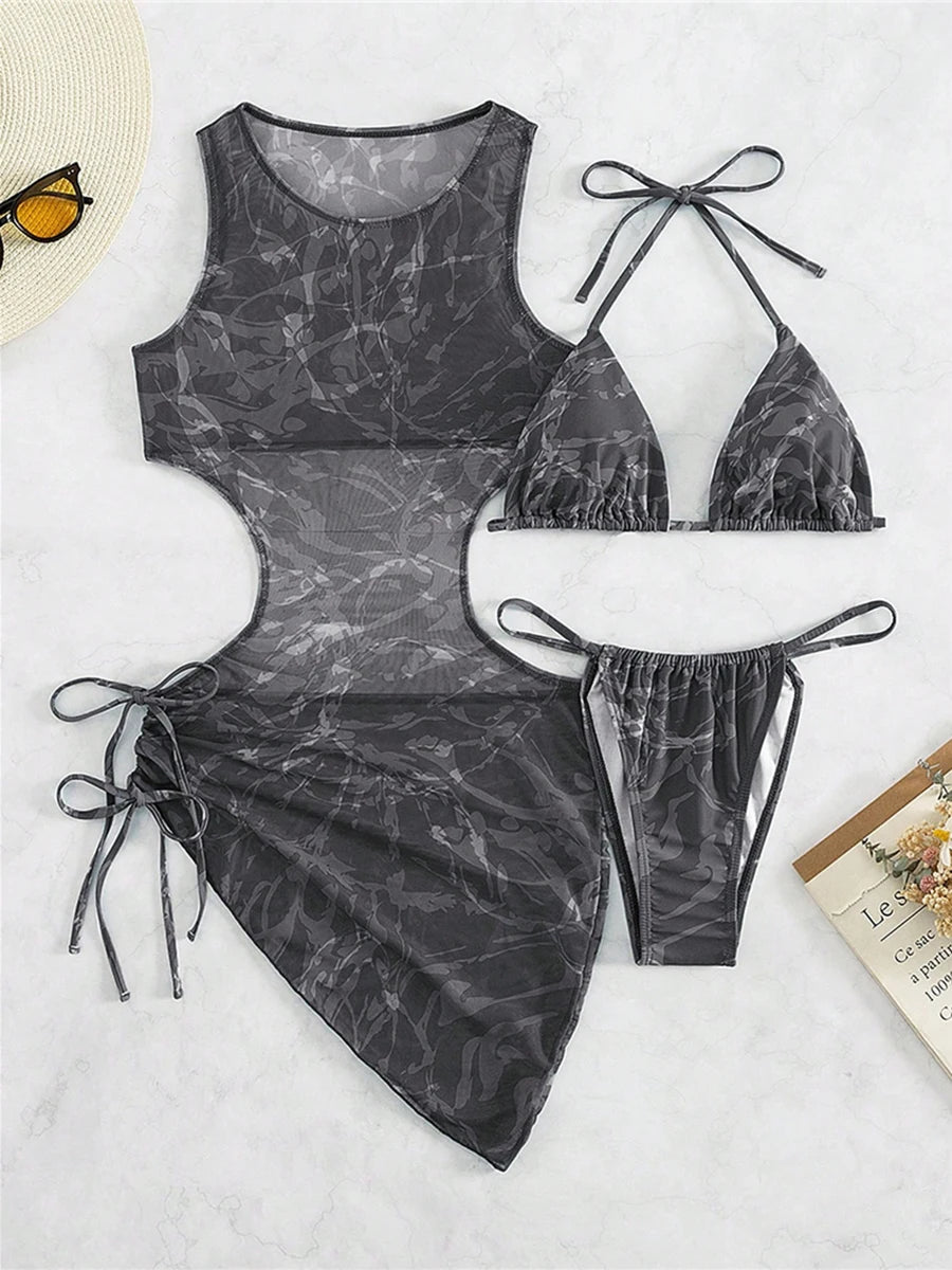 Print Halter String 3 Piece Bikini Triangle Swimsuit Women Swimwear Female Bather Bathing Swimming Swim Suit Beachwear