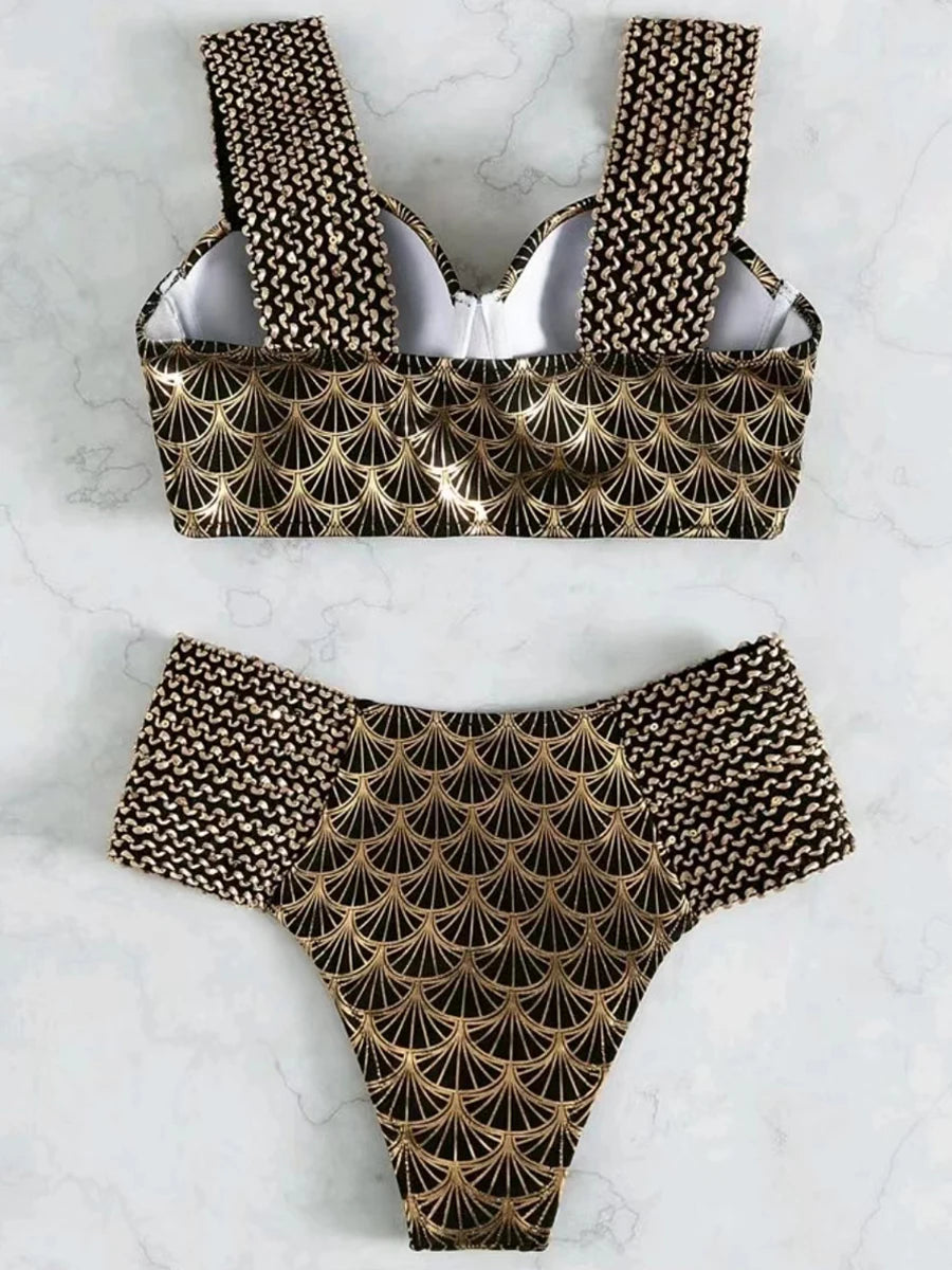 Metallic Stitch Strap Bikini Women Push Up Gold print Swimsuit Female High Waist Swimwear Bathers Bathing Suit Beachwear