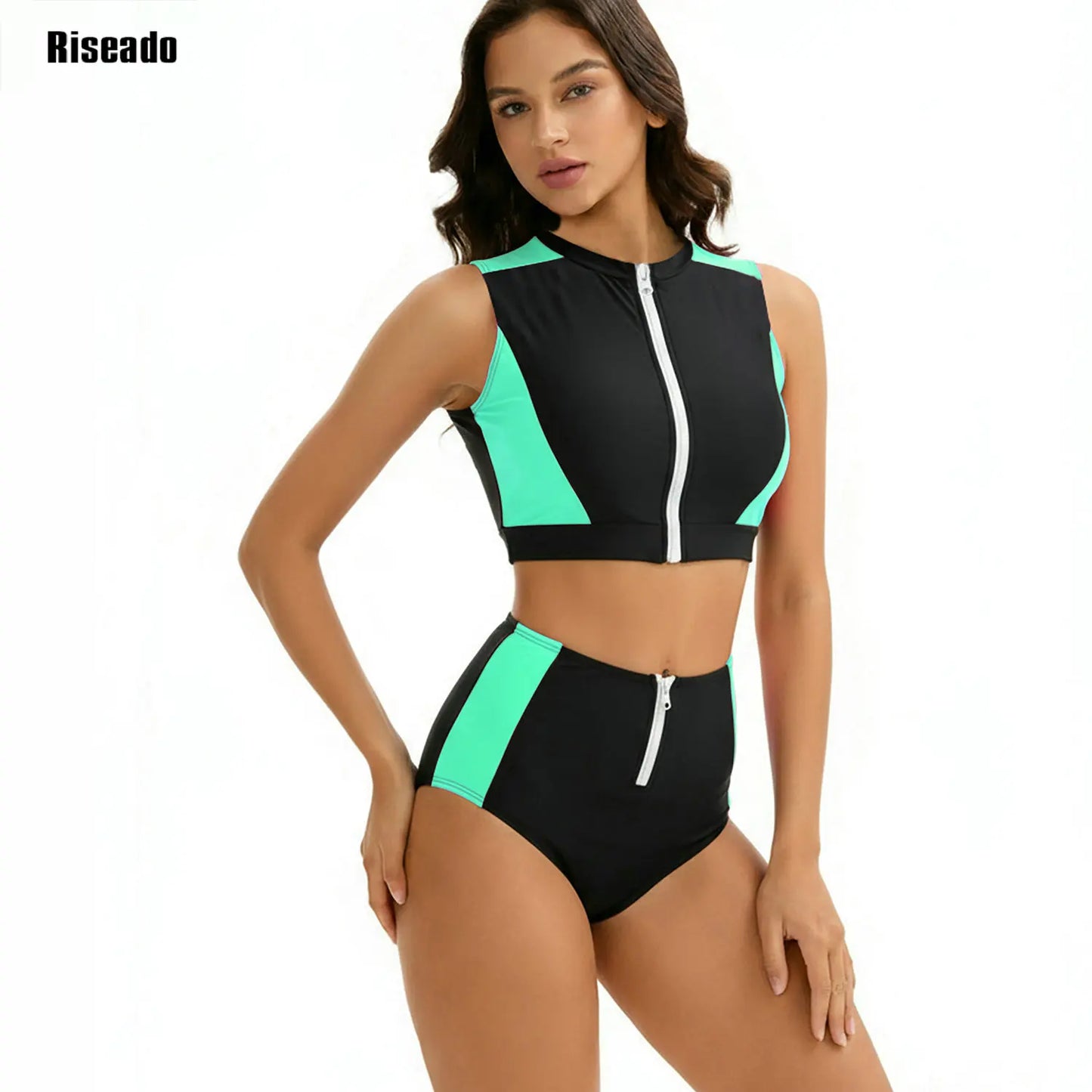 Female Two Pieces Crop Top Bikini Tankini Sets Color Block Zip Front Summer Push Up Swimsuit Bathing Suits High Waist Tankini