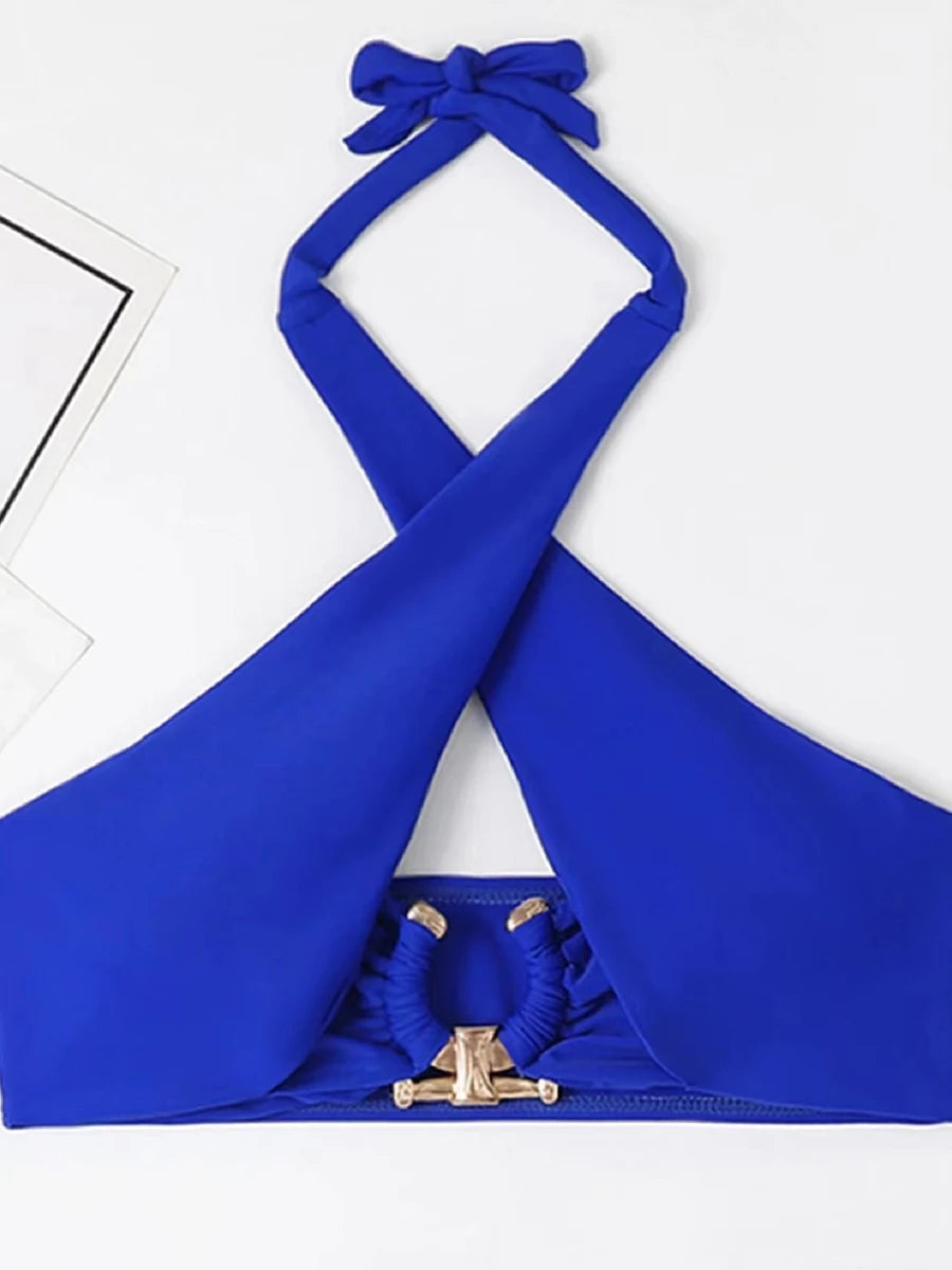 Halter Bikini Solid Metal Link Swimsuit Women Hollow Out Swimwear Female Bathers Bathing Swimming Swim Suit Beachwear