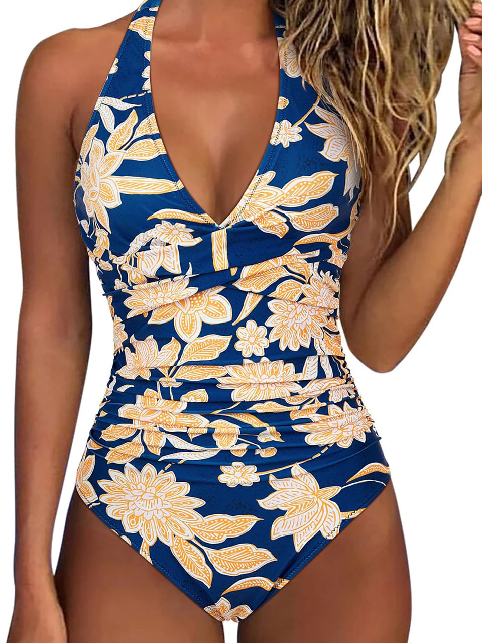 Halter Swimsuit Women One Piece Printed Cross Smocked Swimwear Female Bodysuit Bathing Swimming Suit Padded Beachwear