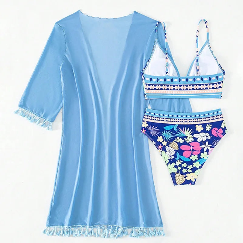 Striking Blue Floral Women's Bikini Set Three-piece swimsuit