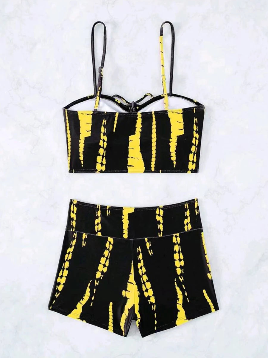 Print String Bikini Swimsuit Women High Waist Shorts Swimwear Female Bathers Bathing Swimming Swim Suit Beachwear