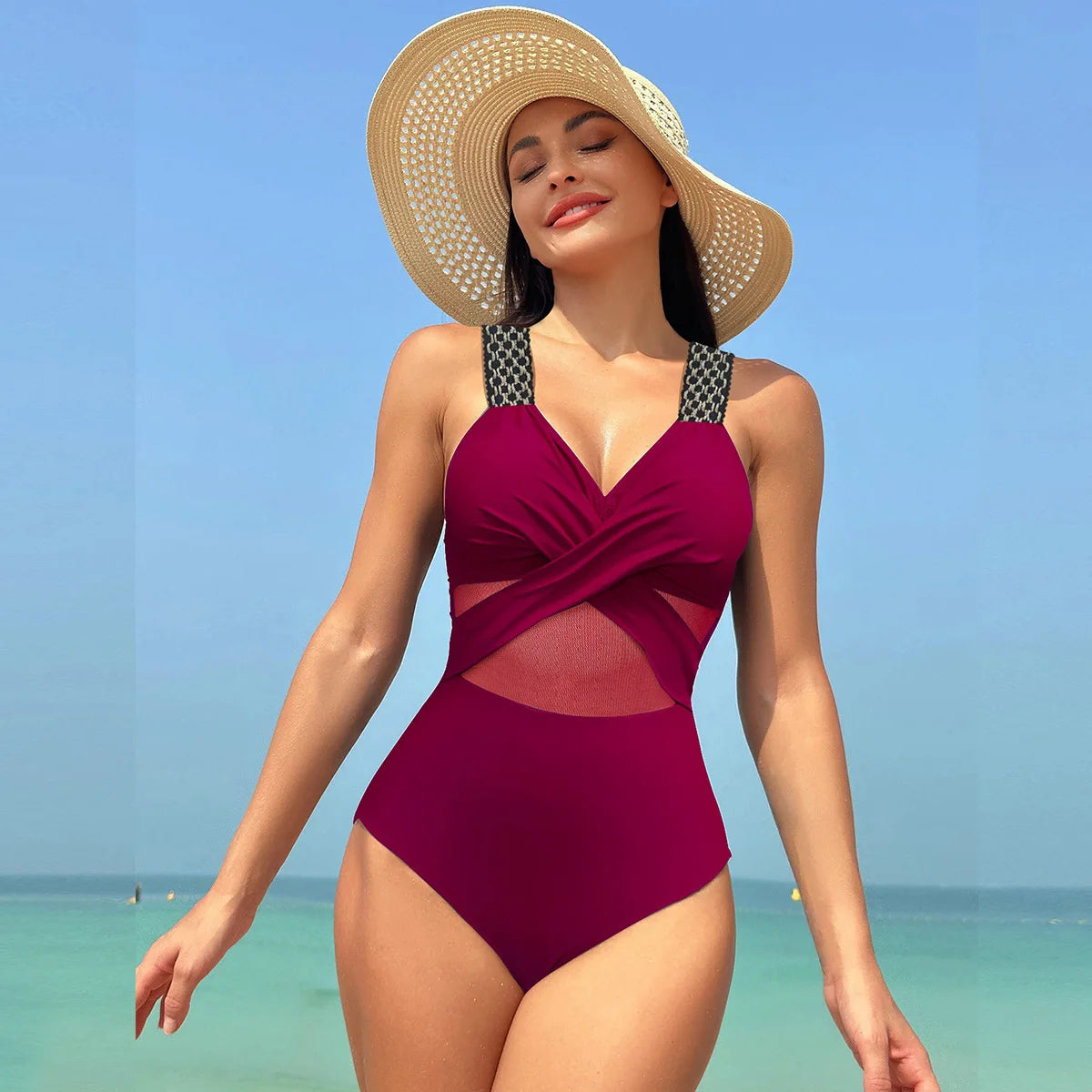 Pure Color Mesh Bikini Swimsuit One Piece Swimsuit Women's Summer