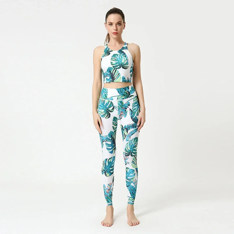Printed Yoga Set Women's Quick-drying Beautiful Back Sports Bra High Waist Hip Tight Pants Breathable Fitness Clothes