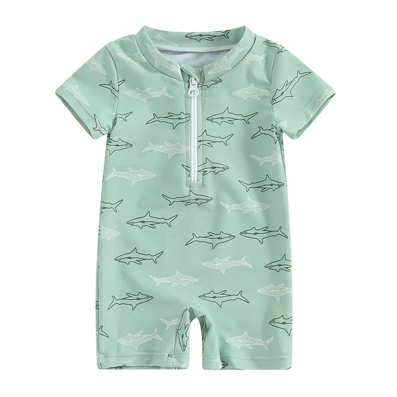 0-4Y Toddler Kids Boys Summer Swimsuit Rompers Short Sleeve Turtle/Shark Print Zipper Bathing Suit Swimwear
