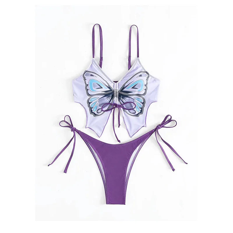 Butterfly Print Strapped Swimwear Women Tied High Cut Bikini Set Push Up Swimsuit Backless Summer Beach Bathing Suit Bathers