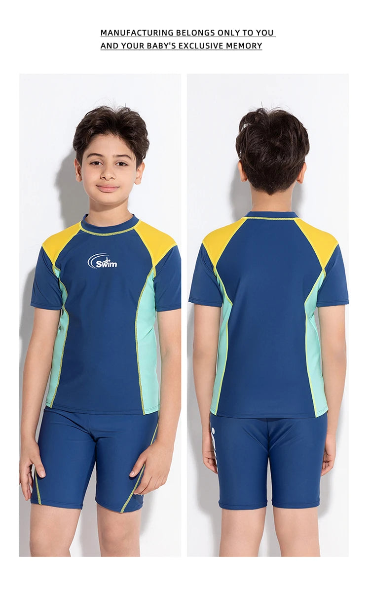 Boy Swimwear Short Shirt Two Piece Short Sleeve Solid Patchwork Teenager Children Kids Swimming Beach Wear 2024 9-16 years