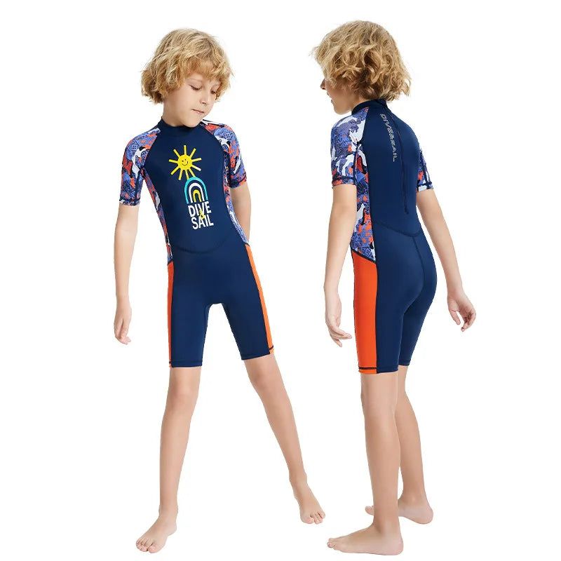 Children's Swimsuit Boys One-Piece Swimsuit Short-Sleeved Beach Sunscreen Professional Training Swimsuit