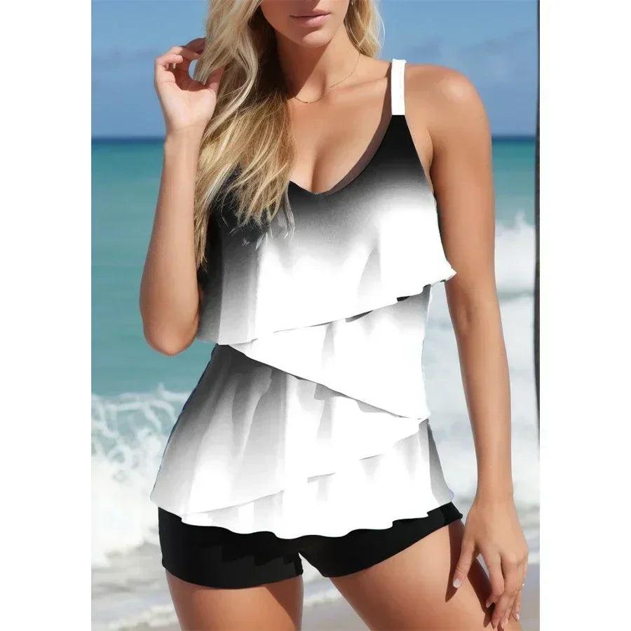 Comfortable Summer Women's Vacation Swimsuit with Rose Red Gradient Ruffle Edge Two-piece Set S-6XL