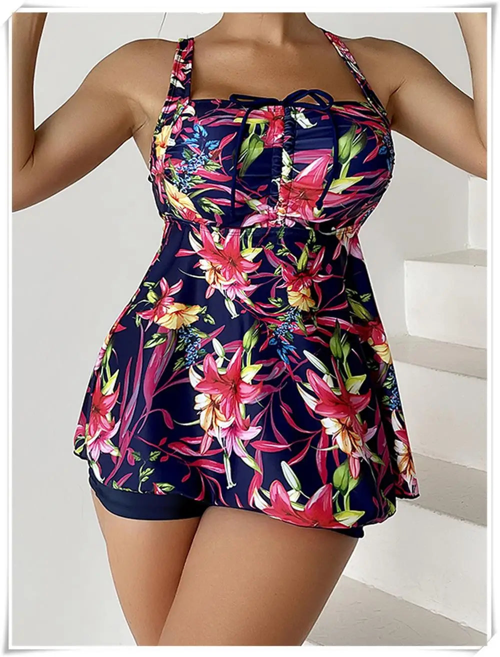 Drawstring Tankini Set Two Piece Swimsuit Short Women Floral Printed Swimwear Female Bathing Suit Beachwear Swimming