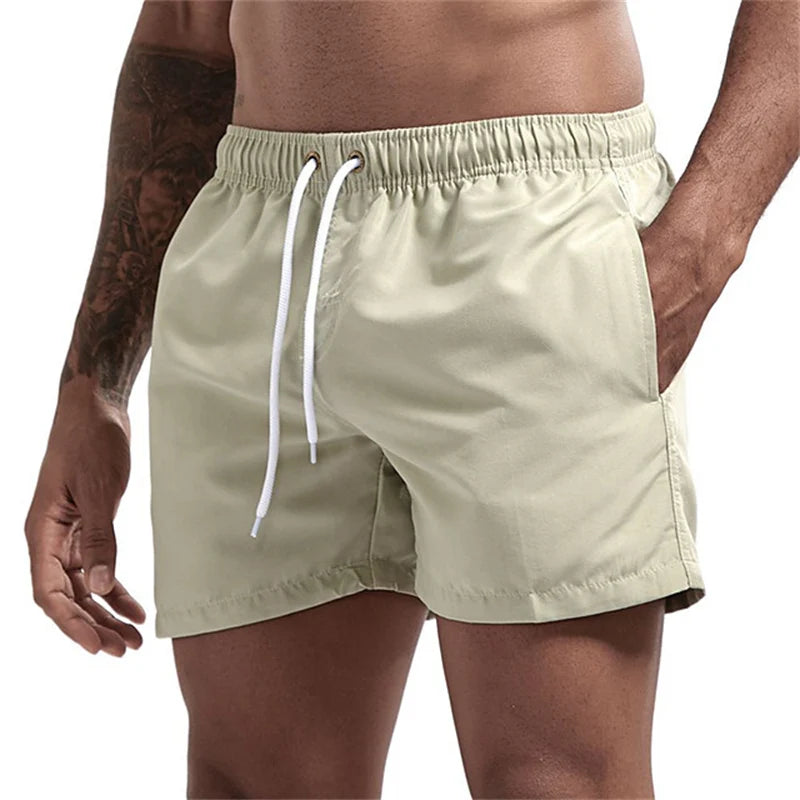 Mens Swim Trunks with Mesh Lining Side Pockets Solid Beach Shorts Quick Dry Lightweight Drawstring Board Shorts Summer Swimwear