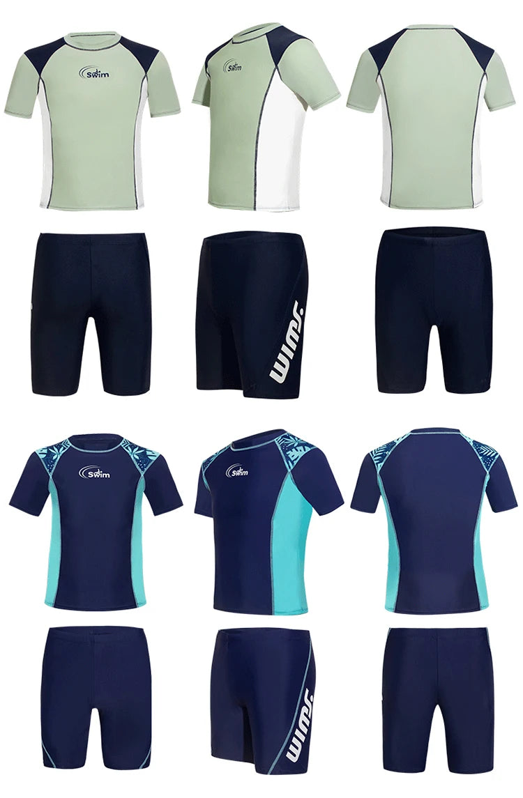 Boy Swimwear Short Shirt Two Piece Short Sleeve Solid Patchwork Teenager Children Kids Swimming Beach Wear 2024 9-16 years