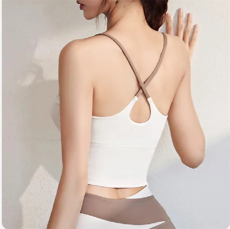 PofyBofy Build-in Bra Yoga Crop Top Sleeve Gym Tank Top Women Workout Bra Tanks Fitness Bra Tanks Yoga Crop Tops Crisscross Back