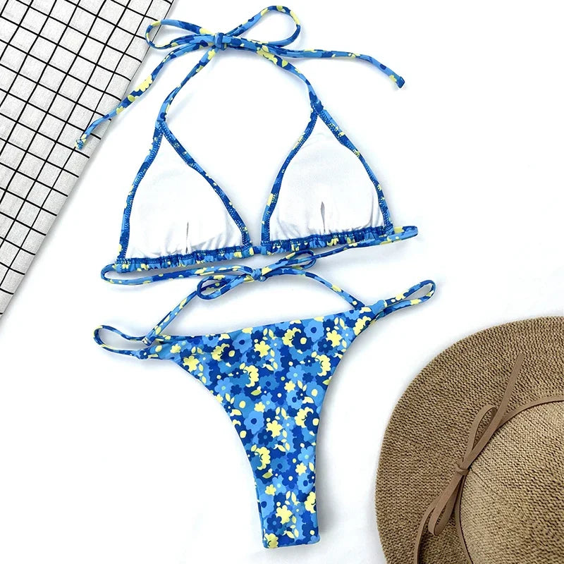 Floral Print Halter Mini Micro String Bikini Female Swimsuit Women Swimwear Two-pieces Bikini Set Bather Bathing Suit Swim Lady