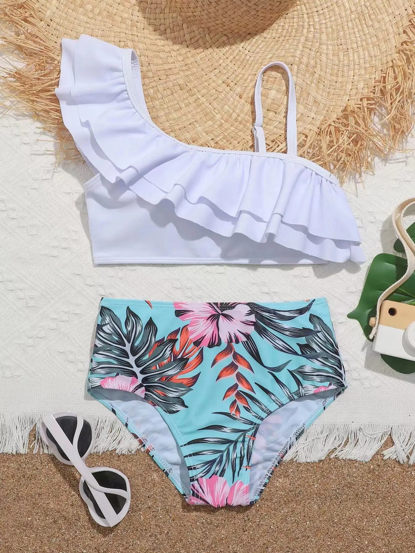 Girls Kids Swimwear Summer Beach Children Swimsuit 7-12 Years Floral Print High Waist Biquini Teens Bathing Suit Girl Bikini Set