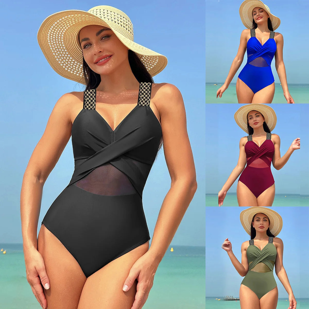 Pure Color Mesh Bikini Swimsuit One Piece Swimsuit Women's Summer