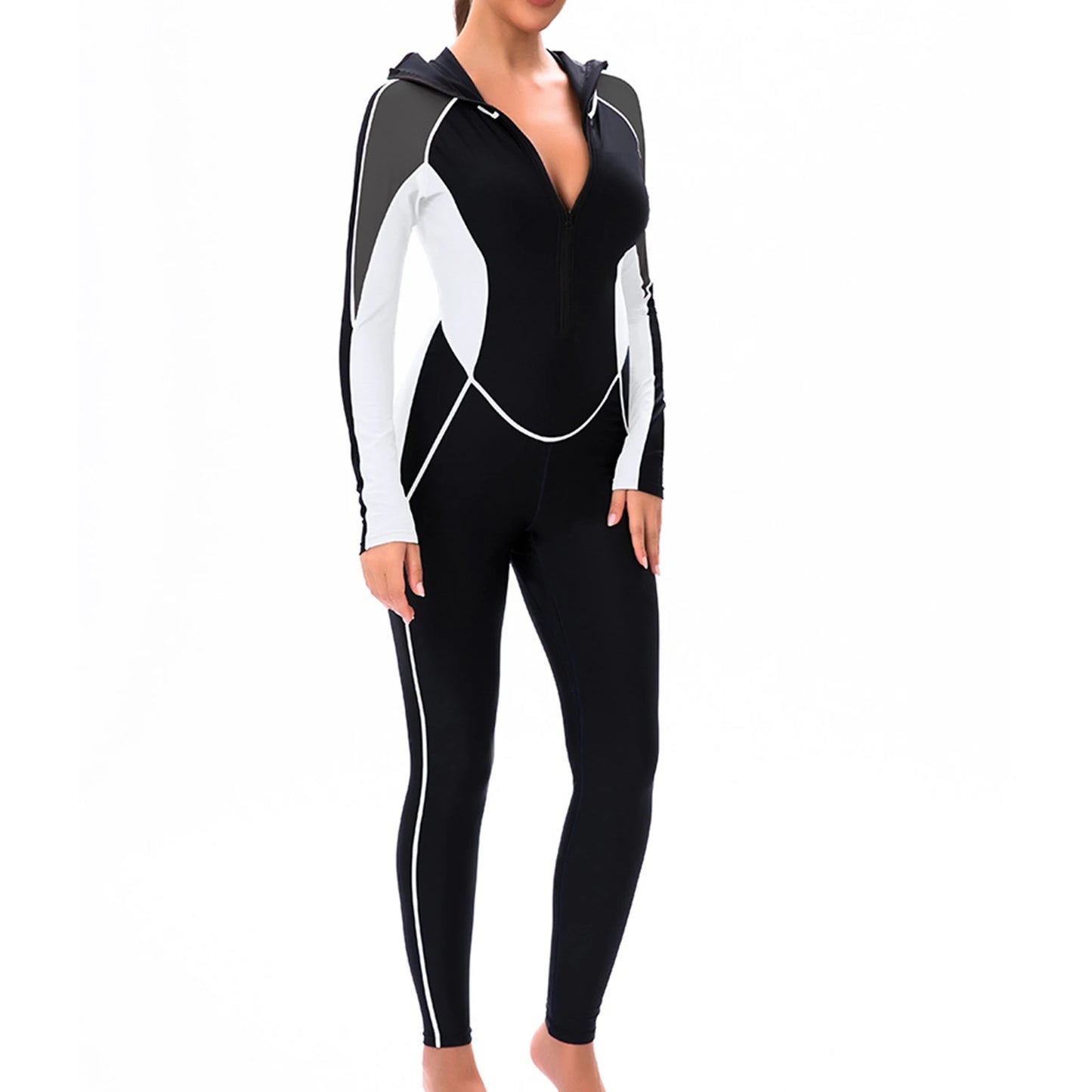 Womens Full Body Swimsuit One Piece Hooded Zipper Modest Swimsuit Full Cover Conservative Swimwear