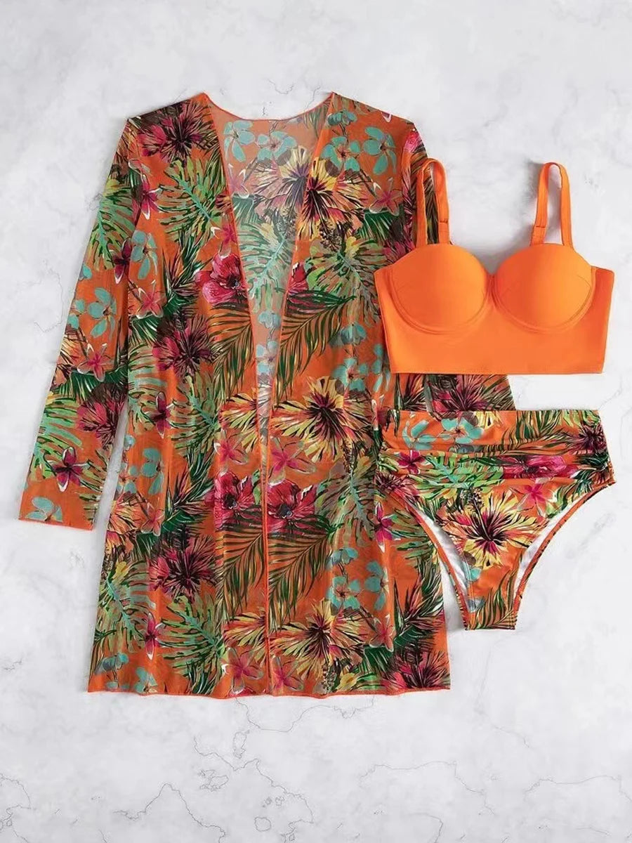 3 Piece Bikini Set Women Cover Up Swimwear Female Tropical Printed Swimsuit Push Up Beachwear Long Sleeve Bathing Suit