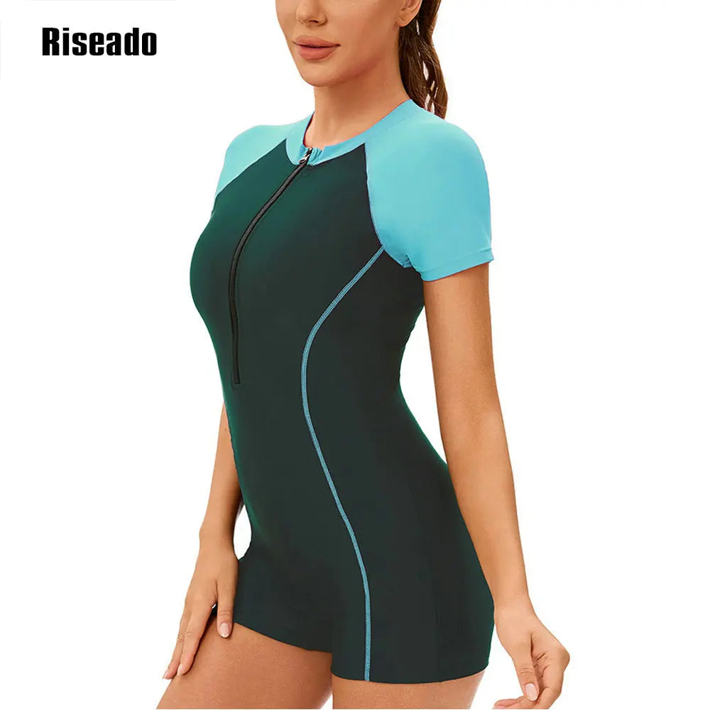 Womens Athletic Swimwear Short Sleeve Zip Front One Piece Swimsuit Full Body Modest with Boyshorts